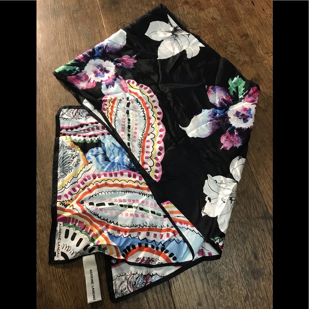 Silk Adrienne Landau Black and Floral Accent Scarf